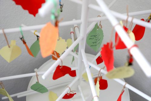 Ein weißes Gestell an dem gebastelte und beschriebene bunte Blätter hängen